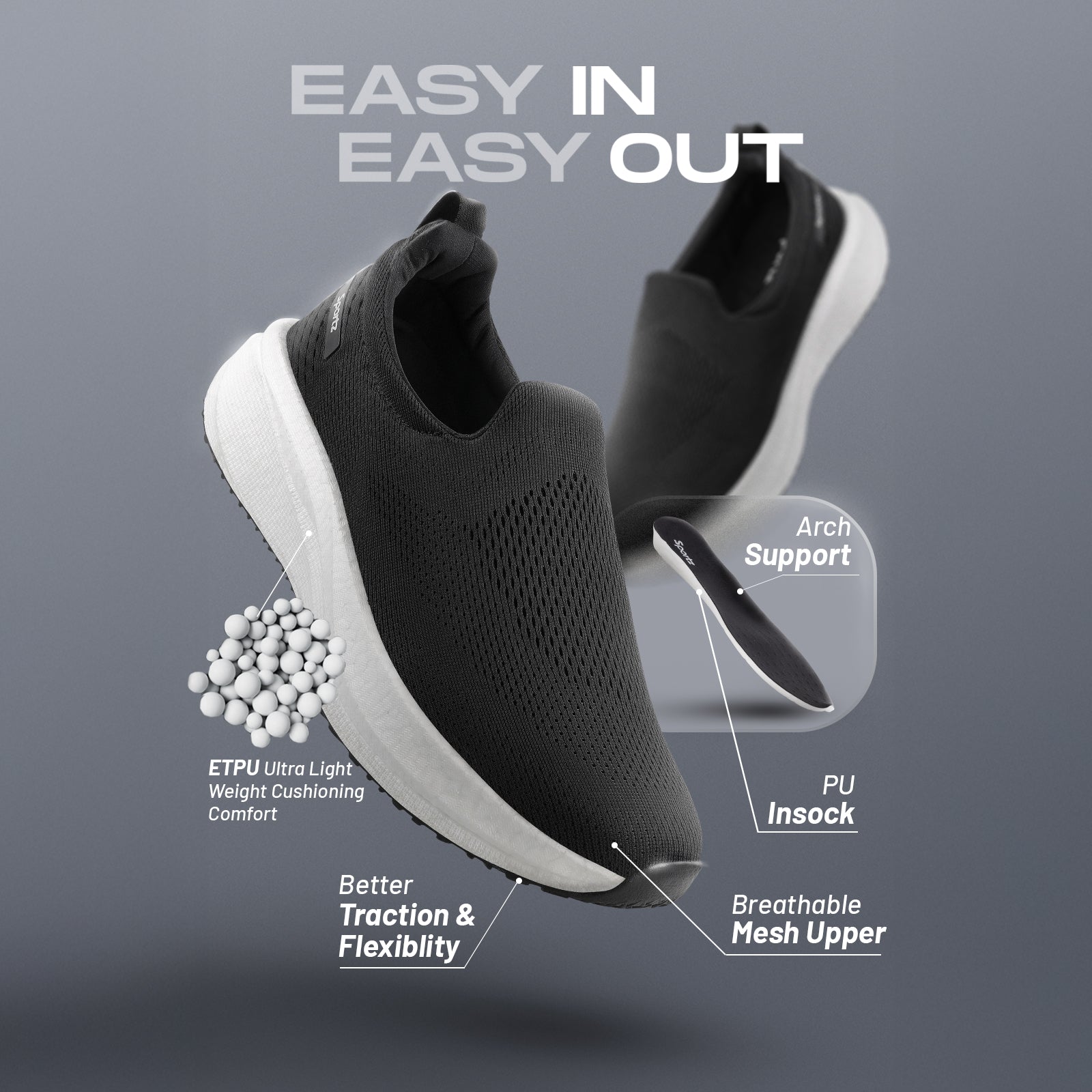 Men's Active Beads Sports Shoes - WS9170 Black